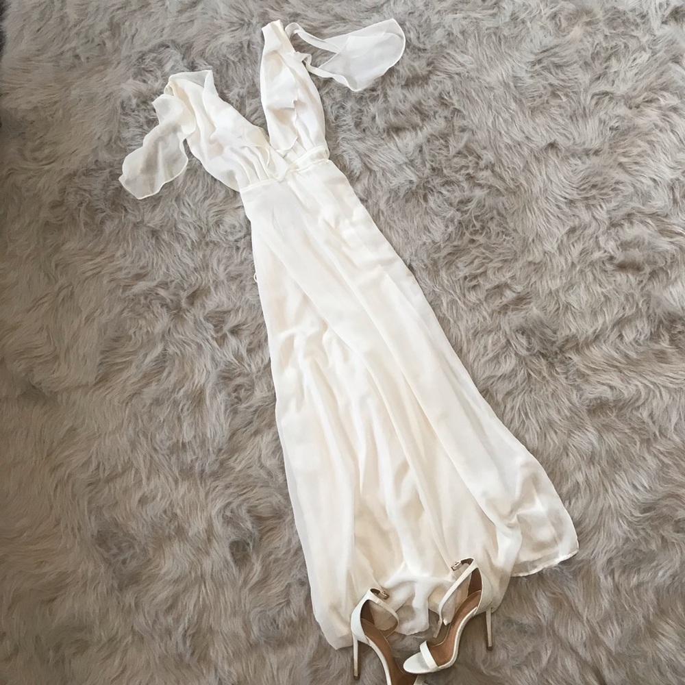 White Chiffon Frill Maxi Dress
